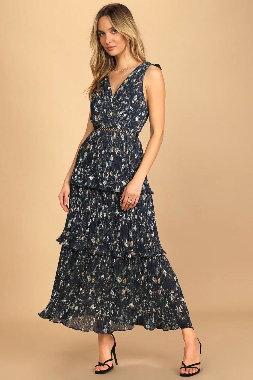 NWT Lulus Such Sophistication Floral Pleated Maxi Dress Wedding Guest Navy XS